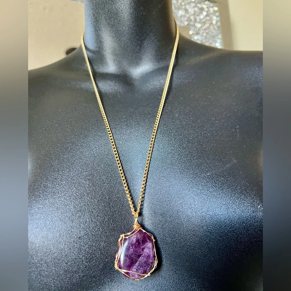 ✨ Deep Purple Fluorite Necklace • Gold Wrapped • 24" Chain ✨ - Picture 4 of 16